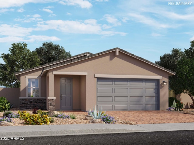 ranch-style home featuring an attached garage, decorative driveway, stucco siding, and stone siding