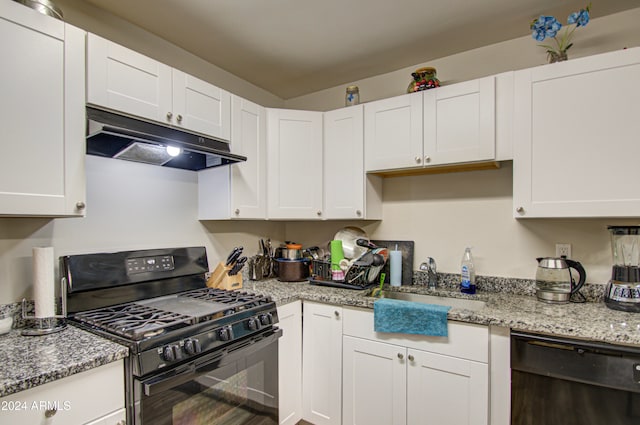 kitchen featuring white cabinetry, black appliances, sink, and light stone counters