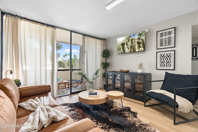 living area featuring expansive windows and wood finished floors