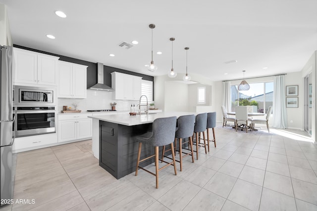 kitchen with hanging light fixtures, a center island with sink, appliances with stainless steel finishes, wall chimney range hood, and white cabinets