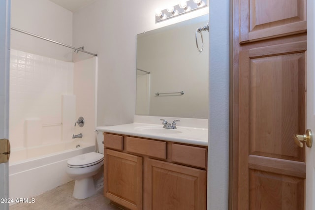 full bathroom with toilet, vanity, shower / bath combination, and tile patterned flooring