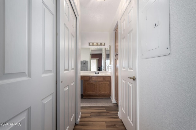 bathroom with wood-type flooring, electric panel, and vanity