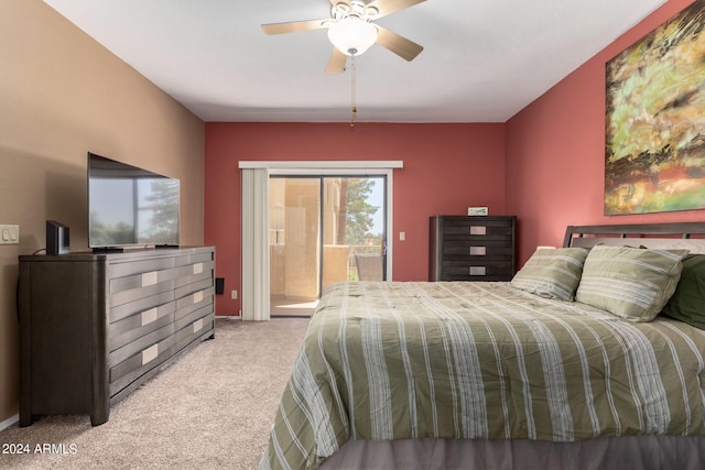 bedroom with access to outside, ceiling fan, and light carpet