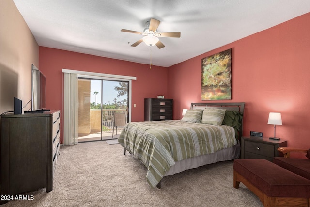 carpeted bedroom featuring ceiling fan and access to exterior