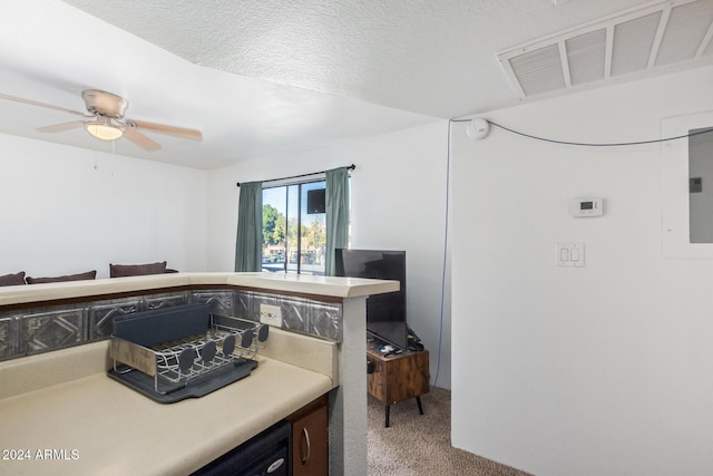 kitchen with ceiling fan, carpet floors, a textured ceiling, and electric panel