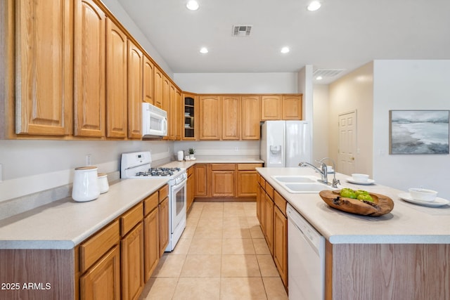 35402 N 32nd Dr, Phoenix, AZ 85086 - kitchen featuring white appliances, glass insert cabinets, light countertops, light tile patterned flooring, and an island with sink