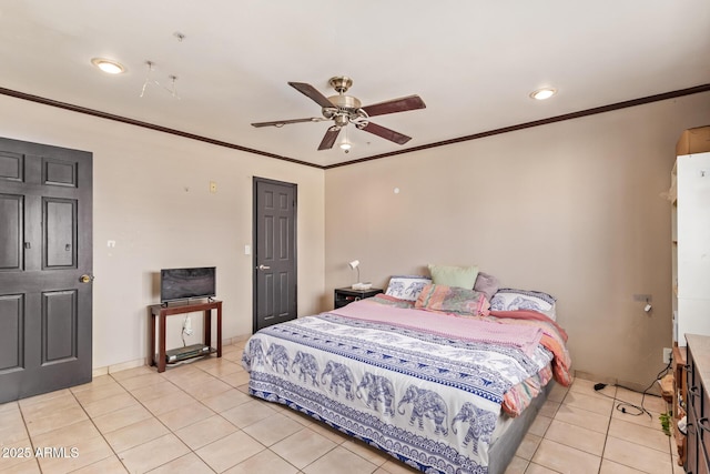 1302 E Forge Ave, Mesa, AZ 85204 - bedroom featuring ornamental molding, light tile patterned flooring, ceiling fan, and recessed lighting