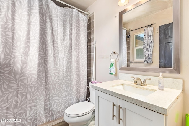 1302 E Forge Ave, Mesa, AZ 85204 - bathroom with curtained shower, toilet, and vanity