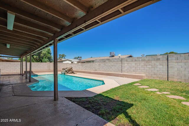 1302 E Forge Ave, Mesa, AZ 85204 - view of swimming pool with a fenced backyard, a patio area, a fenced in pool, and a lawn