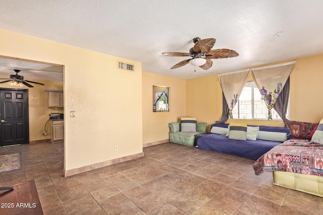 1302 E Forge Ave, Mesa, AZ 85204 - living room featuring a ceiling fan, visible vents, and a textured ceiling