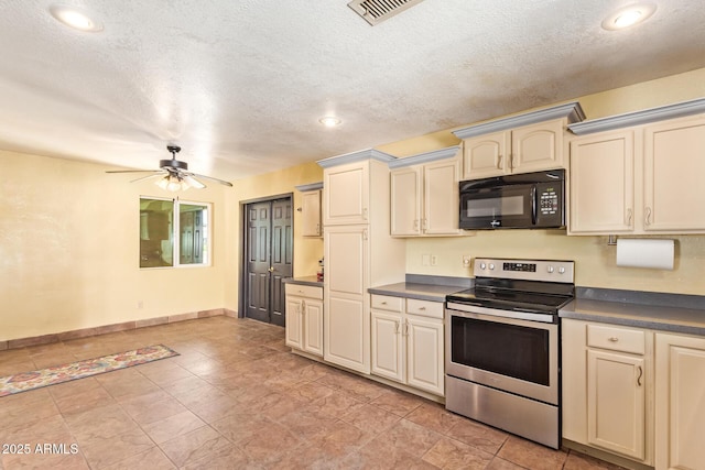 1302 E Forge Ave, Mesa, AZ 85204 - kitchen featuring stainless steel range with electric cooktop, dark countertops, black microwave, cream cabinets, and ceiling fan