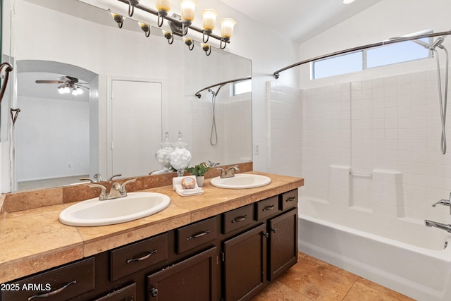 20809 N 1st Ave, Phoenix, AZ 85027 - full bath featuring bathing tub / shower combination, a ceiling fan, vaulted ceiling, double vanity, and tile patterned floors