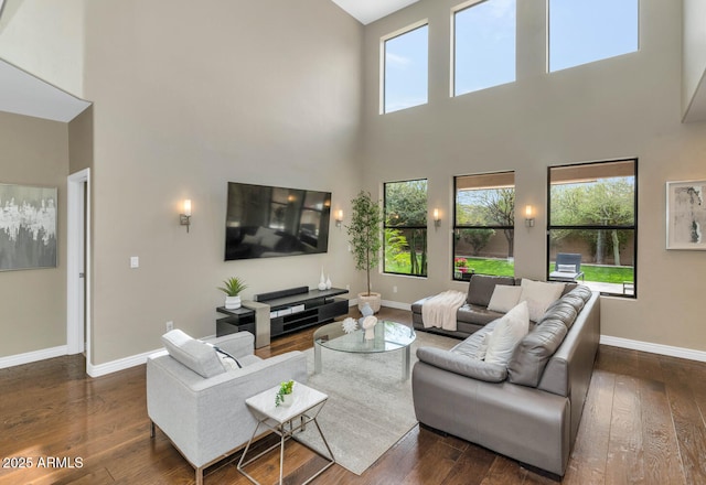 living area featuring dark wood-style floors and baseboards