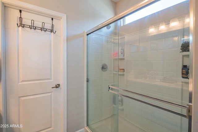 bathroom featuring a shower with door