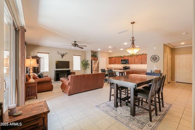 4975 W Gulch Dr, Eloy, AZ 85131 - dining room featuring light tile patterned floors, ceiling fan, visible vents, and recessed lighting