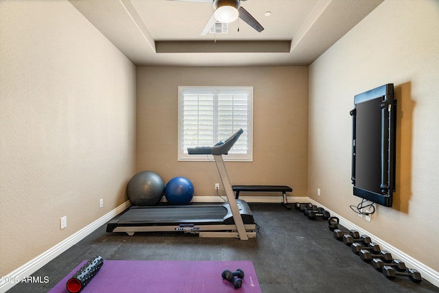 35971 N Prickley Pear Rd, Cave Creek, AZ 85331 - exercise area with ceiling fan, a raised ceiling, and baseboards