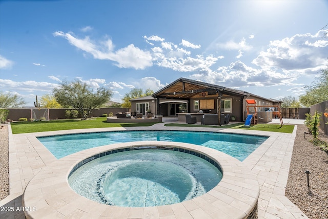 35971 N Prickley Pear Rd, Cave Creek, AZ 85331 - view of swimming pool featuring an outdoor hangout area, a patio area, and an in-ground hot tub