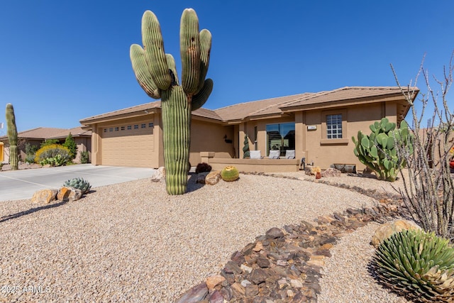 view of front of house with concrete driveway, an attached garage, and stucco siding