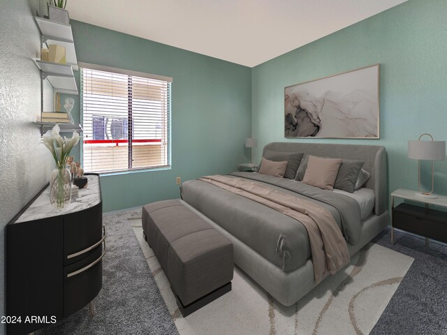 carpeted bedroom featuring a textured wall