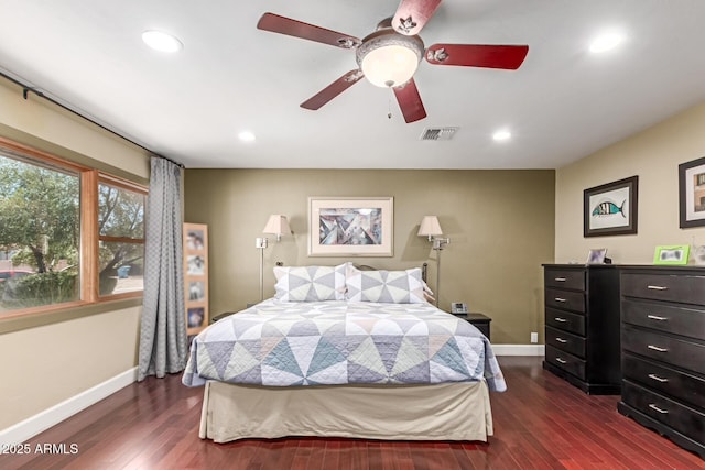 6532 E Aster Dr, Scottsdale, AZ 85254 - bedroom with baseboards, dark wood-style flooring, recessed lighting, and a ceiling fan