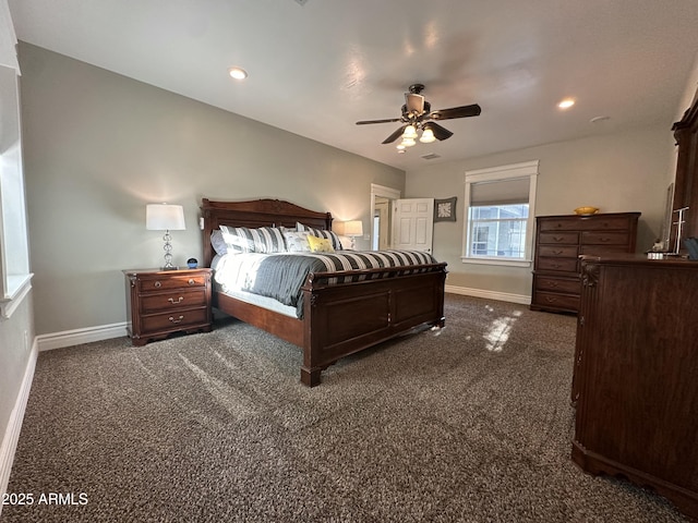 bedroom featuring baseboards, ceiling fan, dark carpet, and recessed lighting