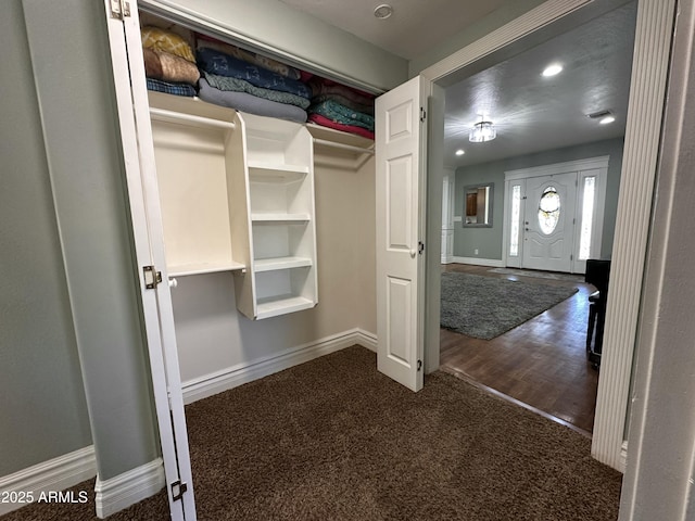walk in closet featuring carpet floors and wood finished floors