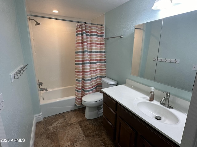 full bathroom with shower / bath combo, a textured wall, toilet, and vanity