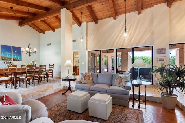 living room with wood ceiling, beamed ceiling, dark hardwood / wood-style floors, high vaulted ceiling, and an inviting chandelier