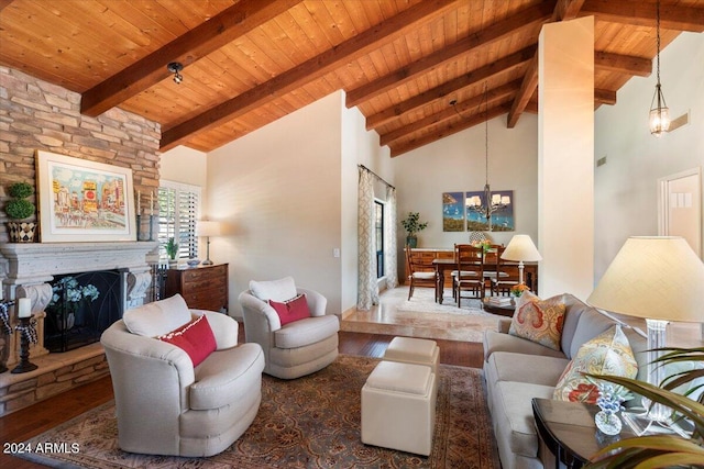 living room featuring high vaulted ceiling, beam ceiling, hardwood / wood-style flooring, and a fireplace