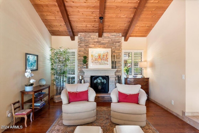 living room with vaulted ceiling with beams, wood-type flooring, and wooden ceiling