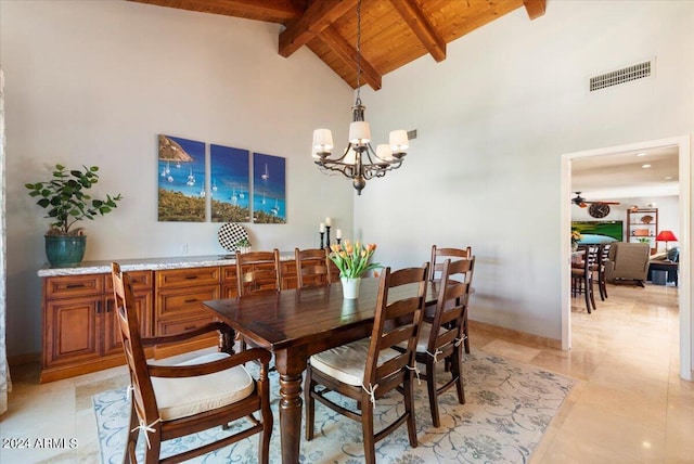 tiled dining room featuring wood ceiling, high vaulted ceiling, beamed ceiling, and a chandelier