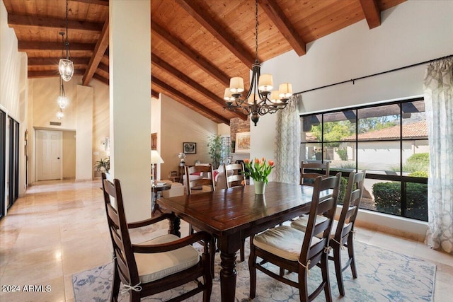 dining area with beamed ceiling, a notable chandelier, high vaulted ceiling, light tile patterned floors, and wooden ceiling