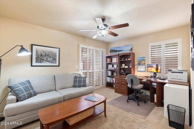 carpeted office space featuring ceiling fan and plenty of natural light