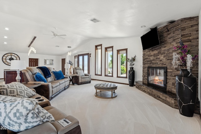 920 N 104th St, Mesa, AZ 85207 - living area featuring vaulted ceiling, a fireplace, carpet flooring, ceiling fan, and recessed lighting
