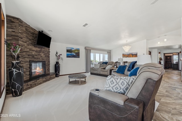 920 N 104th St, Mesa, AZ 85207 - living room with vaulted ceiling, a fireplace, and carpet floors