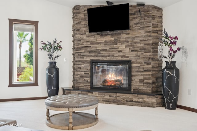 920 N 104th St, Mesa, AZ 85207 - carpeted living area with baseboards and a stone fireplace