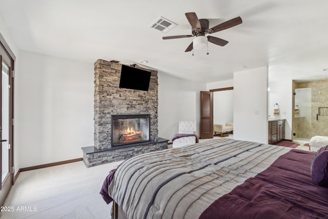 920 N 104th St, Mesa, AZ 85207 - bedroom with baseboards, a fireplace, carpet floors, and ensuite bath