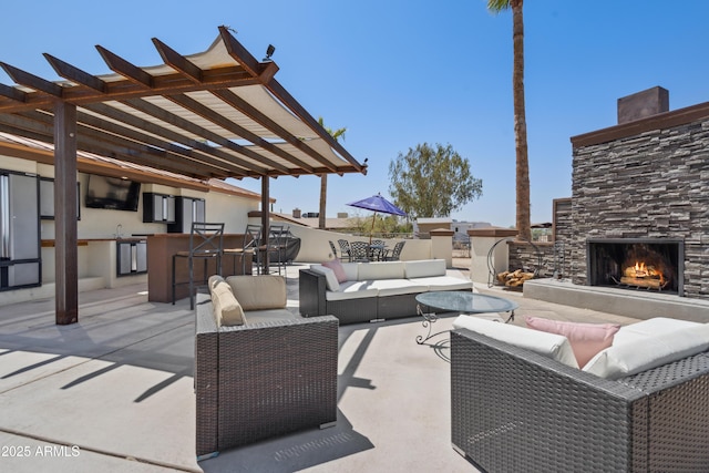 920 N 104th St, Mesa, AZ 85207 - view of patio / terrace with an outdoor living space with a fireplace, a pergola, and a sink