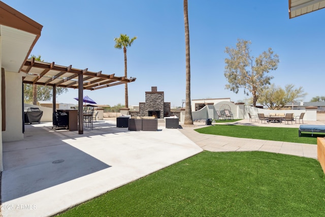 920 N 104th St, Mesa, AZ 85207 - view of patio / terrace with an outdoor living space with a fireplace and a pergola