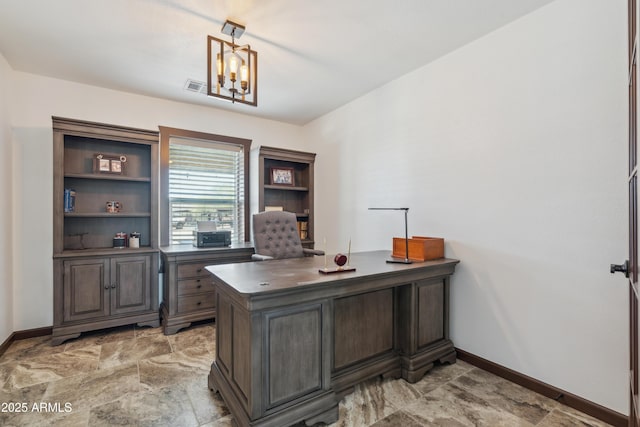 920 N 104th St, Mesa, AZ 85207 - office area with baseboards, light stone finish floors, and a chandelier