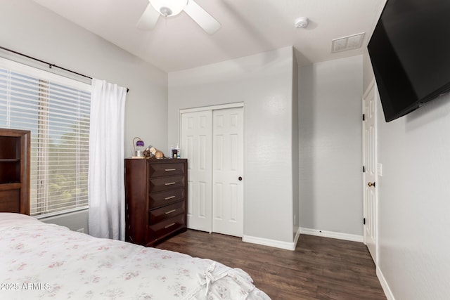 21605 S 187th Way, Queen Creek, AZ 85142 - bedroom featuring dark wood finished floors, baseboards, a closet, and a ceiling fan