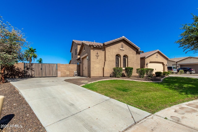 21605 S 187th Way, Queen Creek, AZ 85142 - mediterranean / spanish home with driveway, stucco siding, a gate, a tiled roof, and a garage