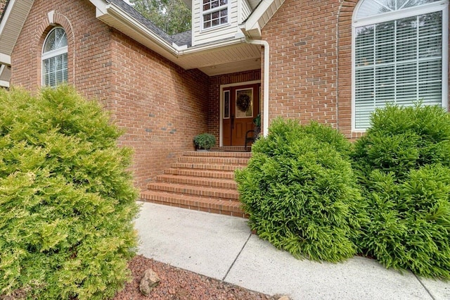 view of exterior entry featuring brick siding