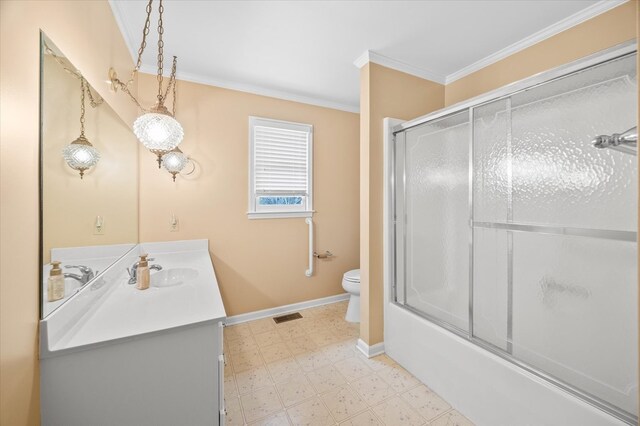 full bath with crown molding, visible vents, toilet, vanity, and tile patterned floors