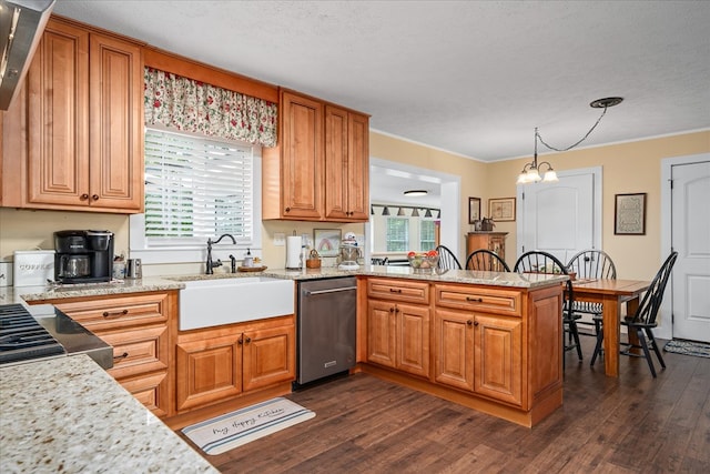 kitchen with a peninsula, dark wood-style flooring, a sink, hanging light fixtures, and dishwasher