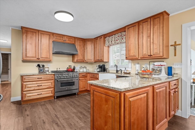 kitchen with dark wood-style floors, brown cabinets, a sink, high end stove, and under cabinet range hood