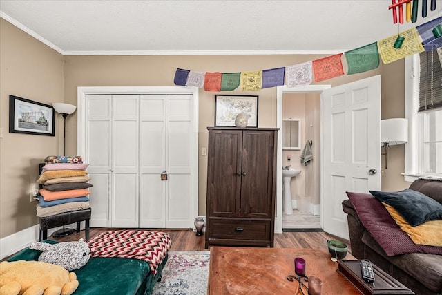 interior space with ornamental molding and wood finished floors