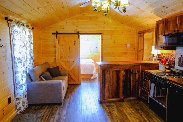 kitchen featuring dark wood-style flooring, a barn door, vaulted ceiling, wooden ceiling, and black appliances