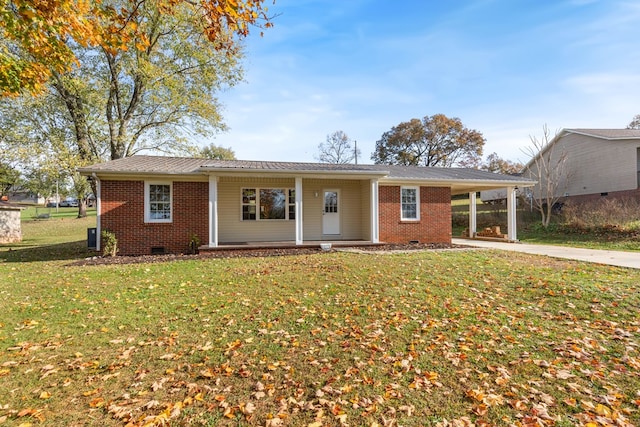 single story home featuring a carport, crawl space, brick siding, and concrete driveway