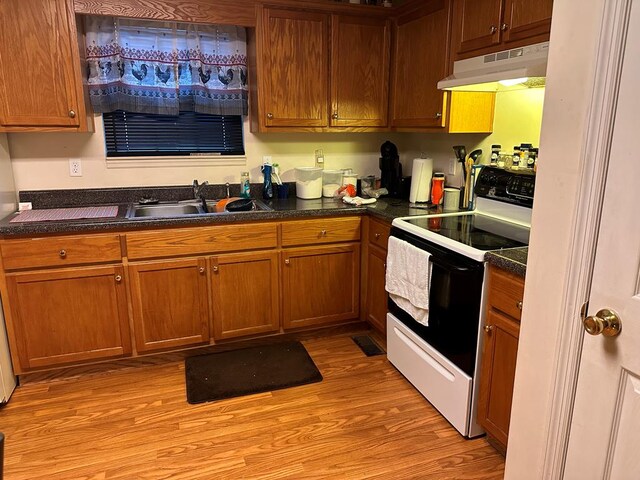 kitchen featuring under cabinet range hood, electric range, a sink, brown cabinets, and dark countertops